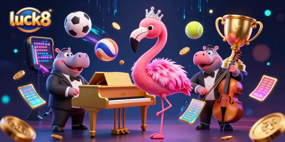 Experience the thrill of luck8 as a flamingo singer serenades amidst vibrant casino elements.