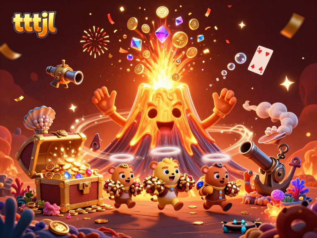 Engage with tttjl's exciting treasure hunt scene featuring a triumphant volcano and fleeing explorers.