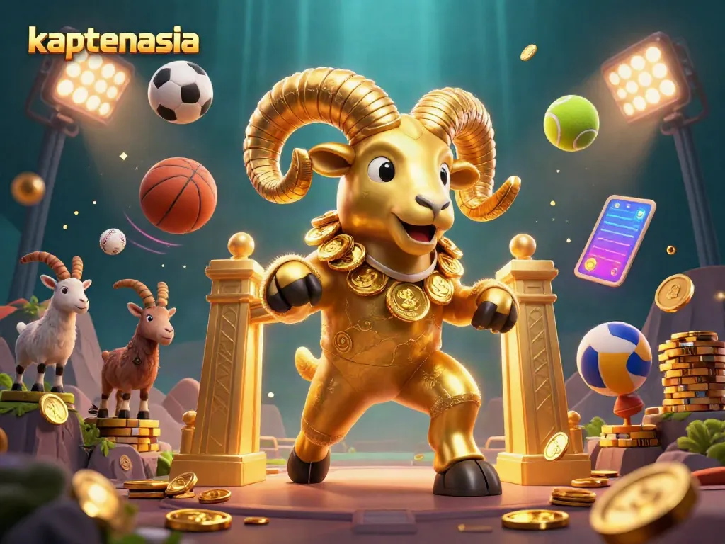Kaptensia menghadirkan ilustrasi 3D fantastis dengan domba emas besar dan berbagai elemen olahraga yang menyenangkan.
