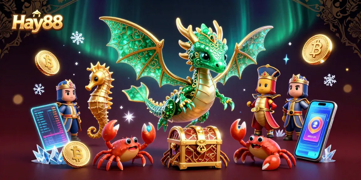 Engage with Hay88 through an exciting scene of a sea dragon surrounded by casino elements and cryptocurrency.