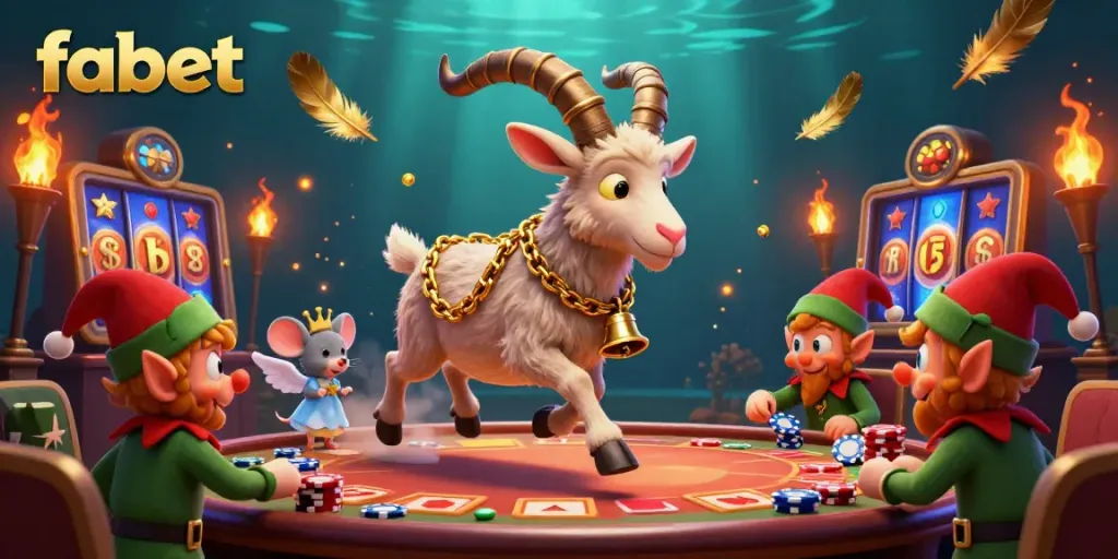 Engaging scene at Fabet's casino with a Krampus goat hosting, showcasing chaotic yet delightful gameplay.