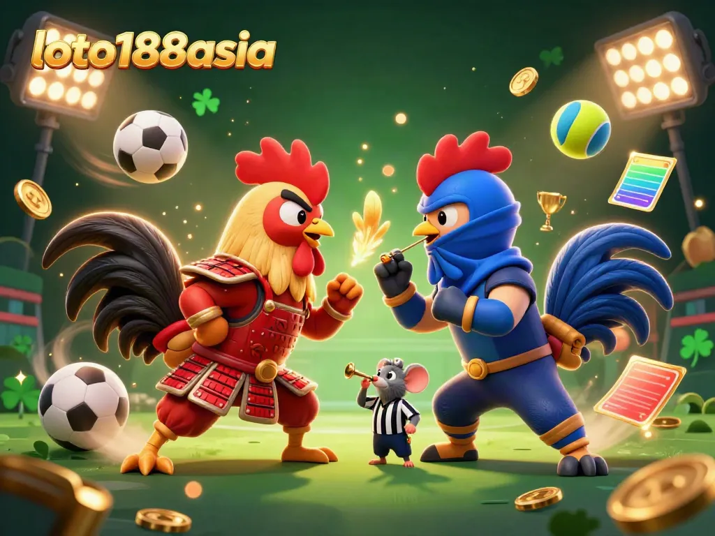 Engage with loto188asia's thrilling action scene of cartoon roosters in a sports showdown.