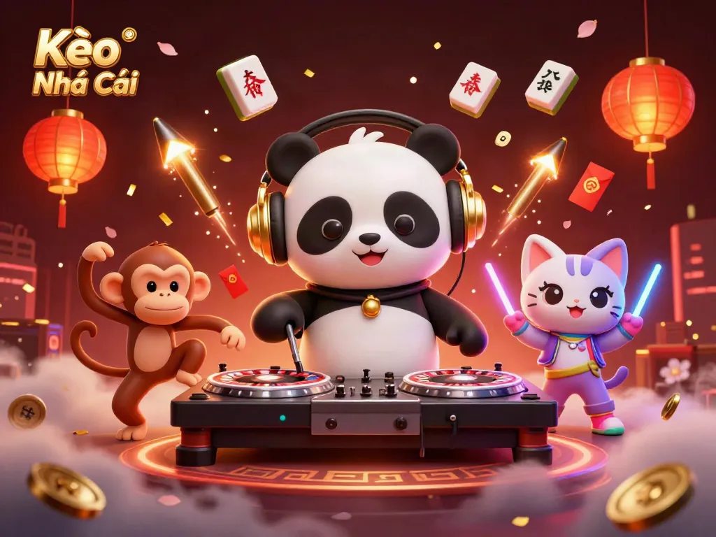 Kèo Nhà Cái depicts a vibrant 3D scene of engaging characters celebrating around casino elements, illustrating dynamic gambling excitement.