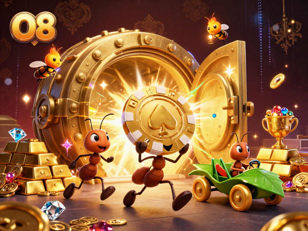 O8 offers an exciting heist scene with ants carrying a giant poker chip amidst sparkling treasures.