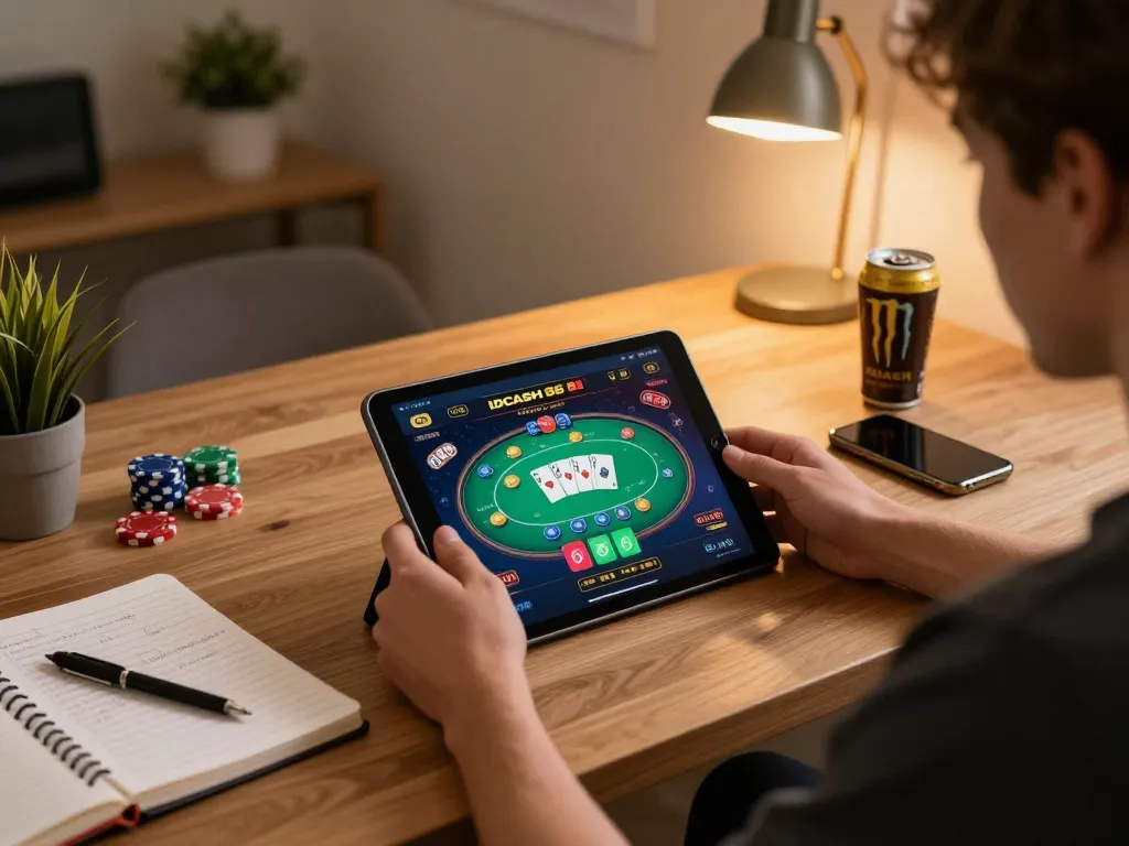 Engaging with the IDCASH 88 casino app features cards and chips in a cozy online gaming setup