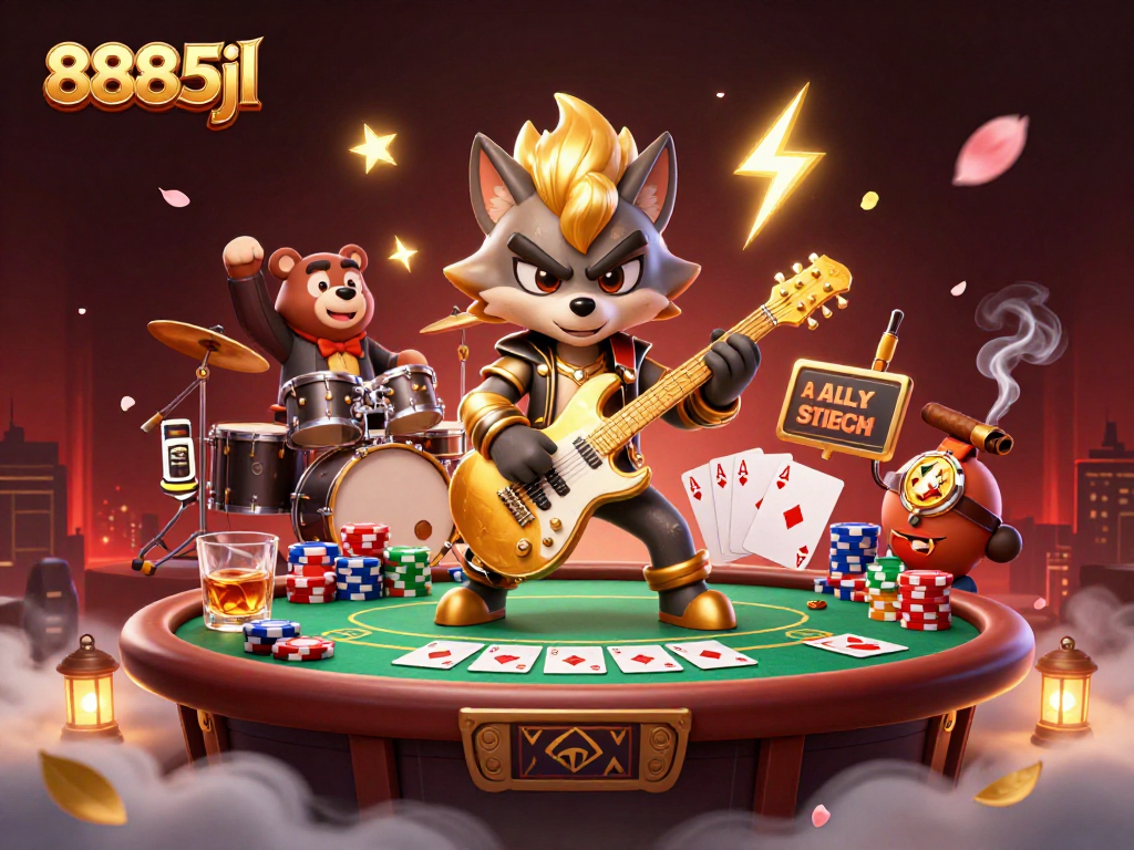 Engage with thrilling poker action where 8885jl features a rock star wolf jamming on stage.