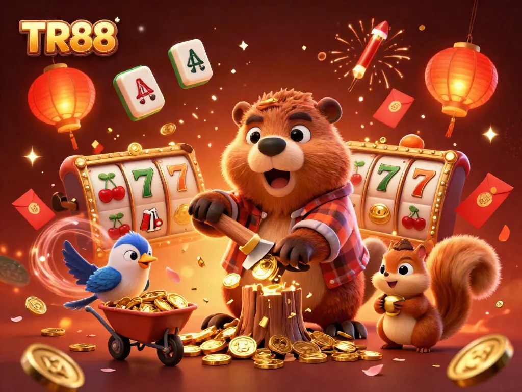 Win big with TR88 while a beaver chops a money tree in a vibrant casino scene.