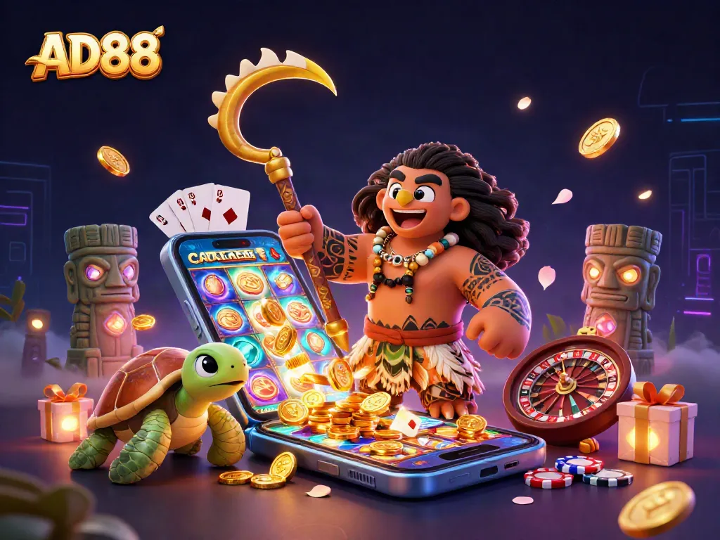 Experience the lively world of AD88 with a hawk demigod and fun casino elements.