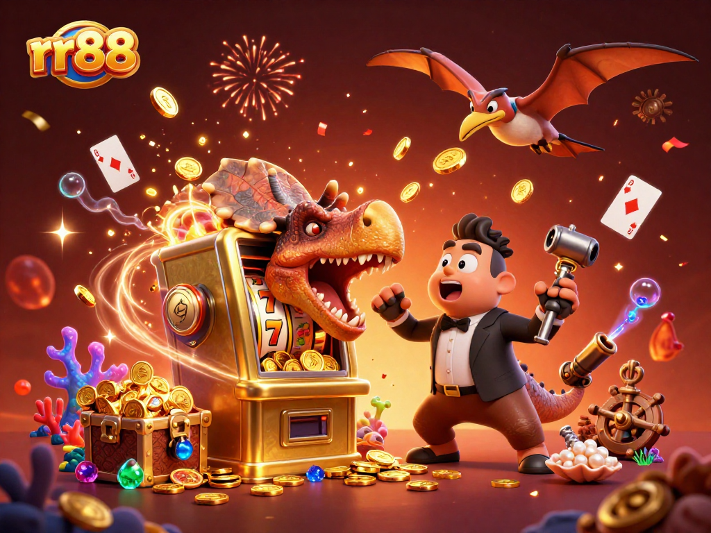 rr88 slots scene with a pachycephalosaurus winning jackpots while colorful coins scatter
