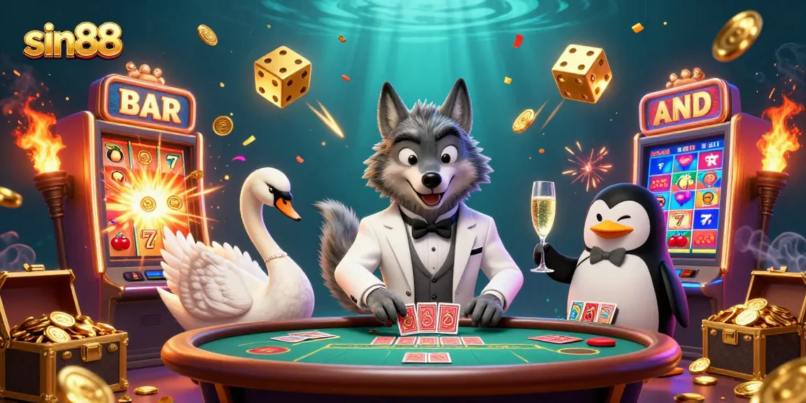 Experience thrilling wins at sin88 with a charismatic wolf, elegant swan, and sophisticated penguin in a vibrant casino.