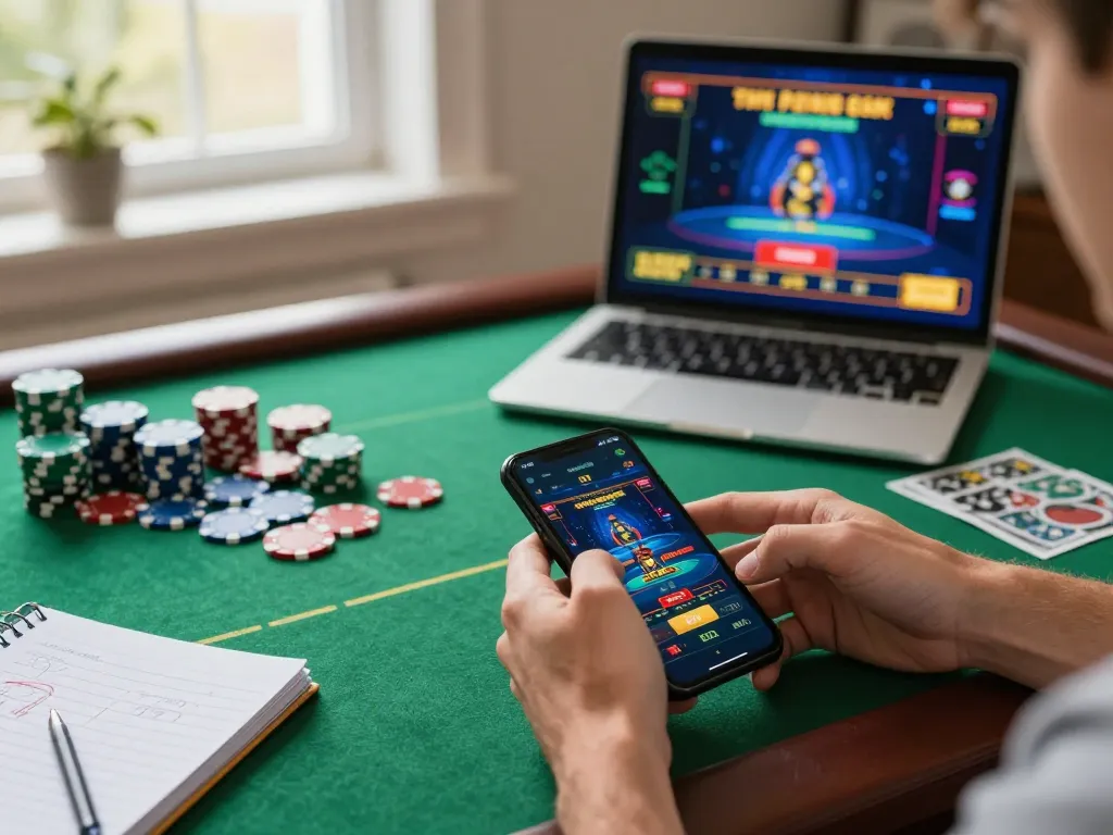 TG88 mobile app being played on a smartphone with poker chips, showing engaging online gambling experience.
