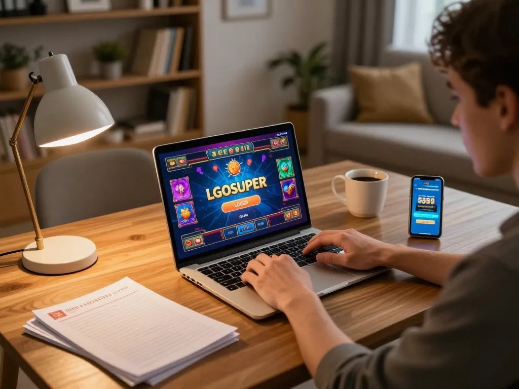 Engaging with LGOSUPER LOGIN on laptop while reviewing gaming strategies in a cozy home setting