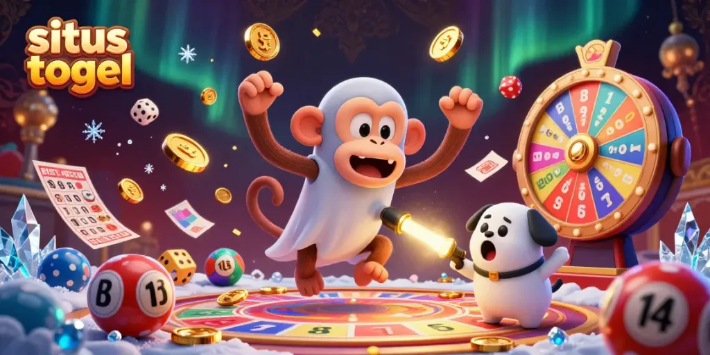 Engage with situs togel through an enchanting scene with a playful poltergeist monkey and a curious ghost-hunter puppy in a lively casino setting.