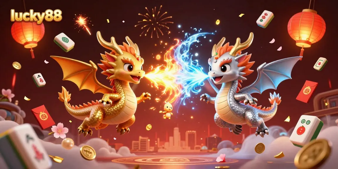 Play exciting games with lucky88 as twin dragons battle in a vibrant animated casino scene.
