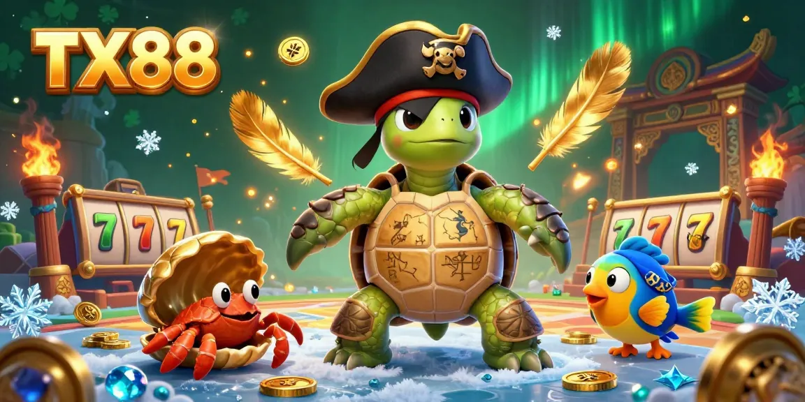 Experience the excitement of TX88 with a 3D pirate turtle, golden crab, and parrotfish in a vibrant casino scene.
