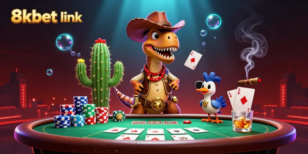 Experience the excitement of 8xbet link with our vibrant casino adventure featuring unique characters and poker elements.