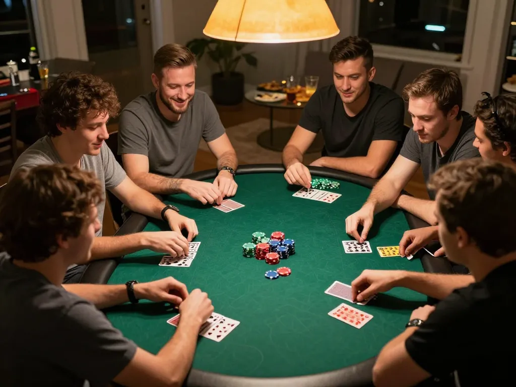 Friends enjoying a friendly poker game at home, showcasing F168 strategies and social engagement.