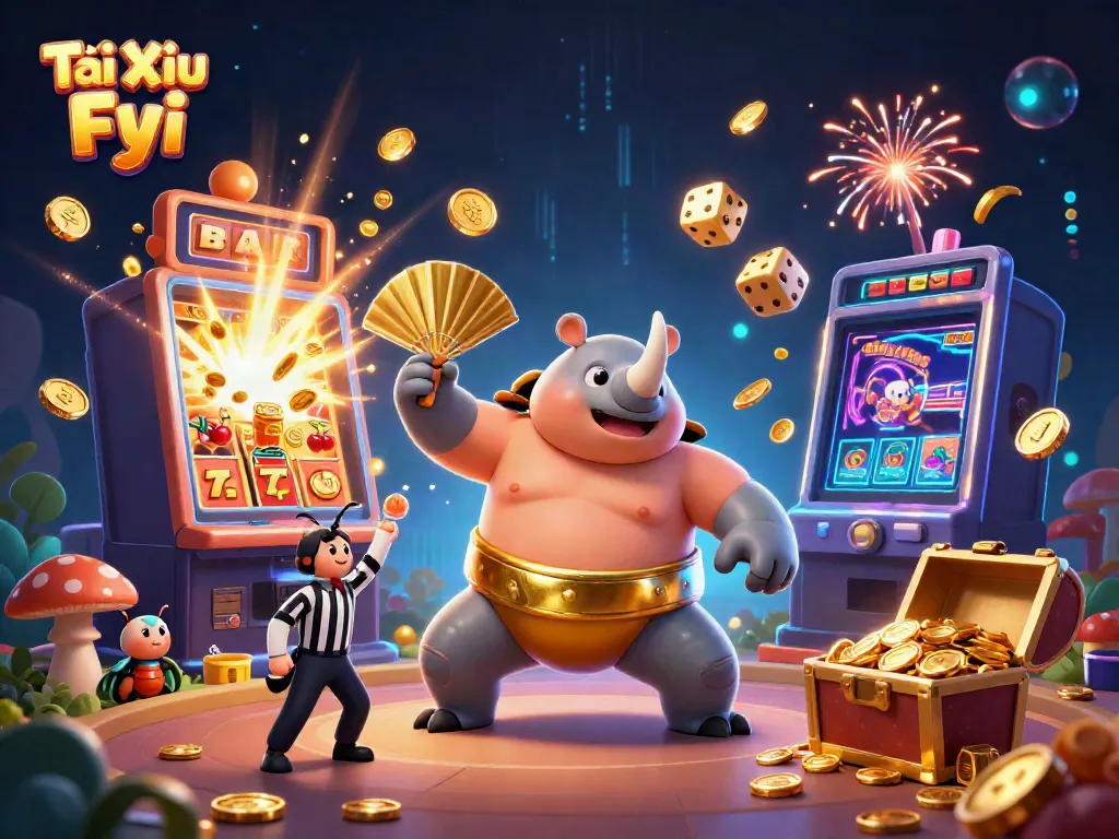 Engaging scene of Tài Xỉu Fyi game featuring a sumo beetle champion, a referee cricket, and dynamic winning elements