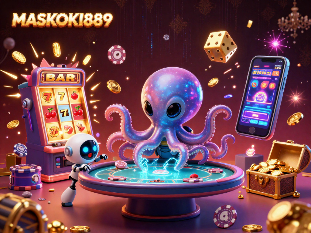 Experience exhilarating online gameplay with MASKOKI889's vibrant casino scene featuring a cosmic octopus and exciting slot machines.