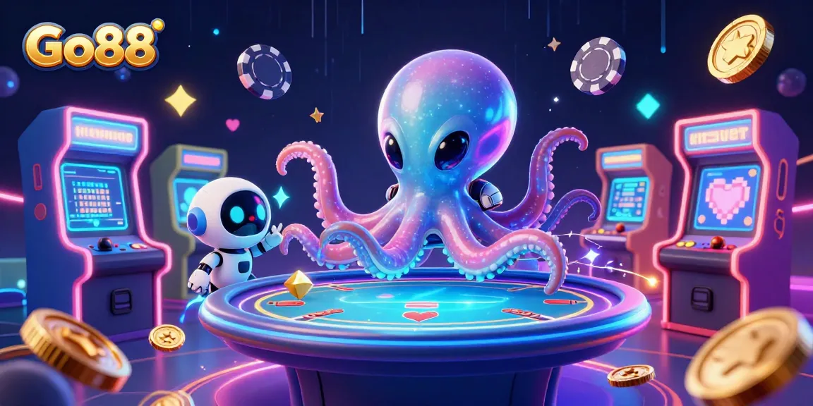 Go88 offers exhilarating poker experiences with a vibrant alien octopus and robot in a riveting casino showdown.