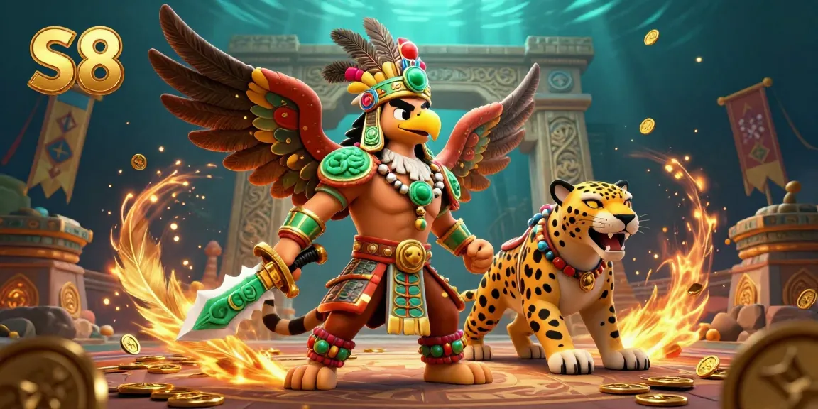 S8 invites bettors to engage in thrilling Aztec warrior battles amidst vibrant casino action and game elements.