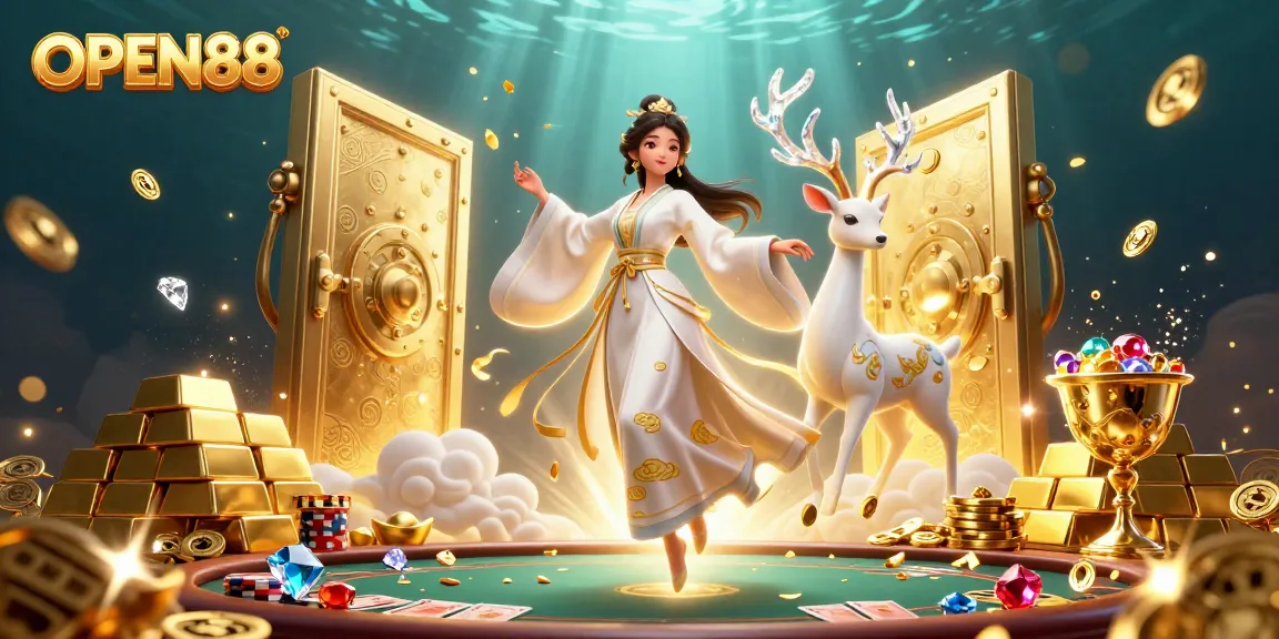 Experience thrilling gameplay at OPEN88 with an enchanting scene filled with treasures and poker elements.