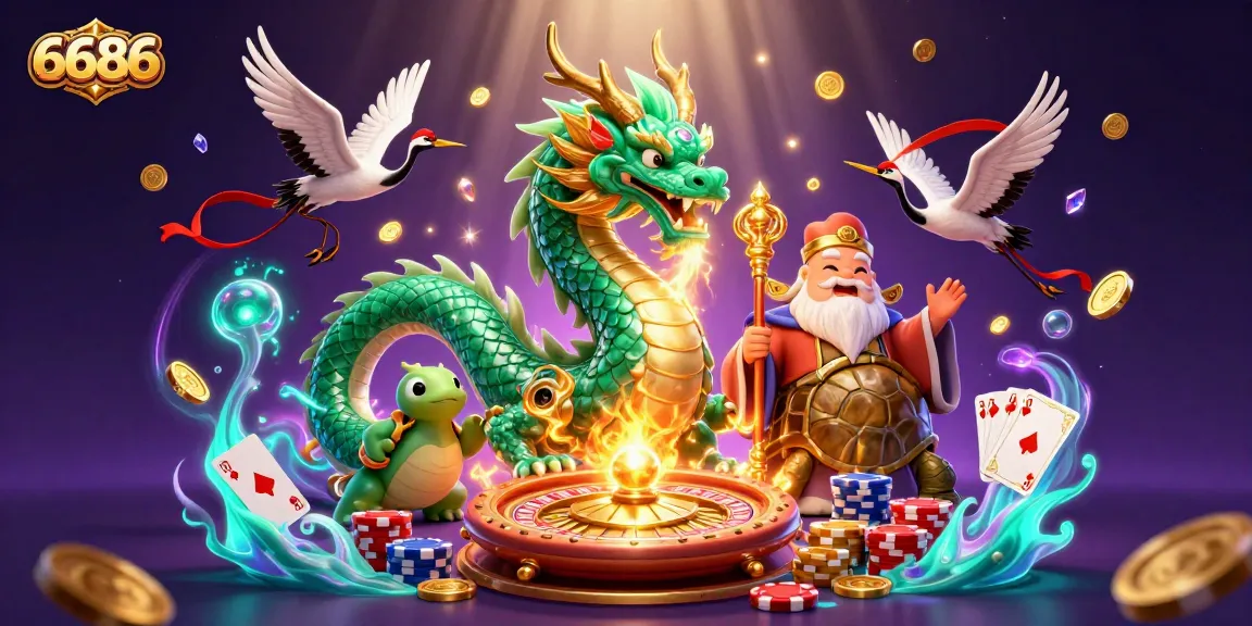Experience thrilling action with the 6686 dragon and turtle sage in vibrant casino illustration.