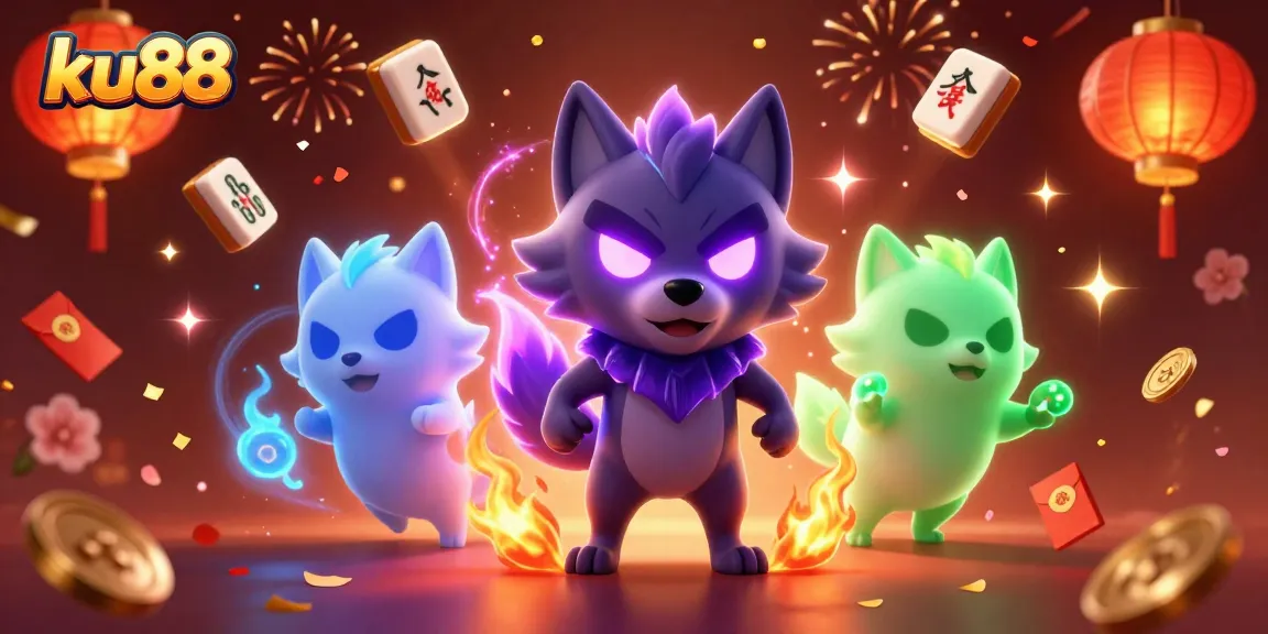 Engage in exciting gaming moments with ku88 featuring shadow wolves and celebratory elements.