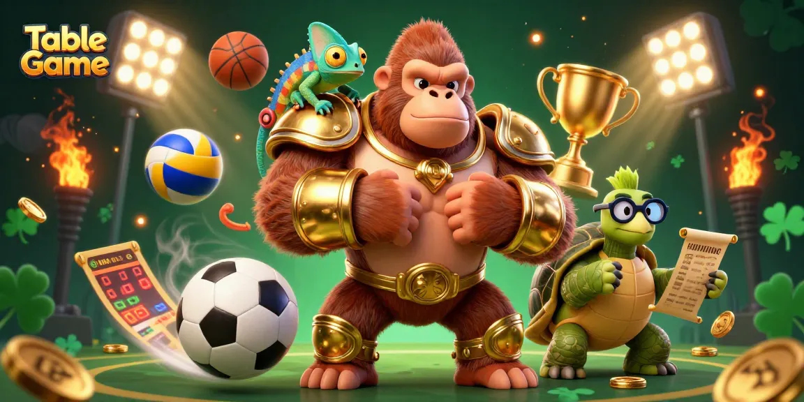 Engage with Table Game strategies in a vibrant scene featuring a gorilla king, chameleon, and tortoise.