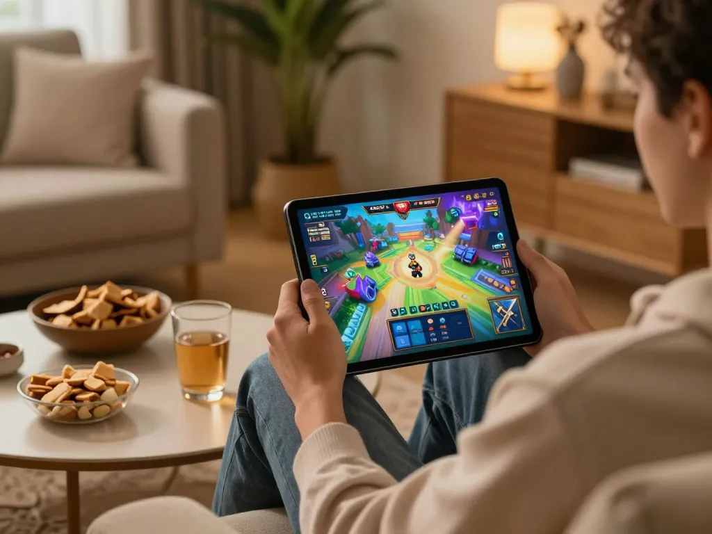 Engaged player enjoying Slot Gacor online gaming on a tablet in a cozy home environment