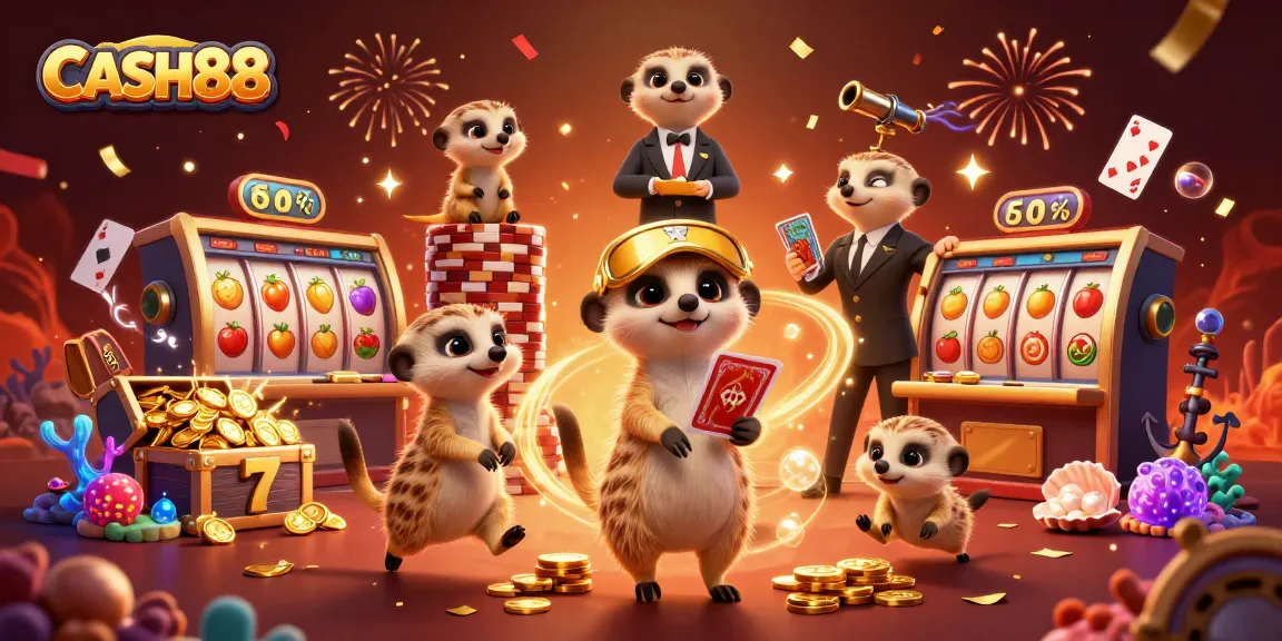 CASH88 brings excitement with a lively casino scene featuring meerkats and vibrant gaming elements.
