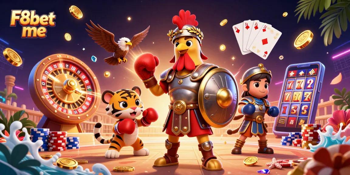 Experience the excitement of F8bet me with a dynamic casino illustration featuring a fun gladiatorial theme.