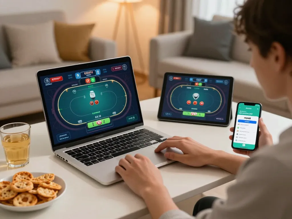 Player using mpo08 link alternatif app on smartphone while engaged in an online poker game, showcasing strategic gameplay.