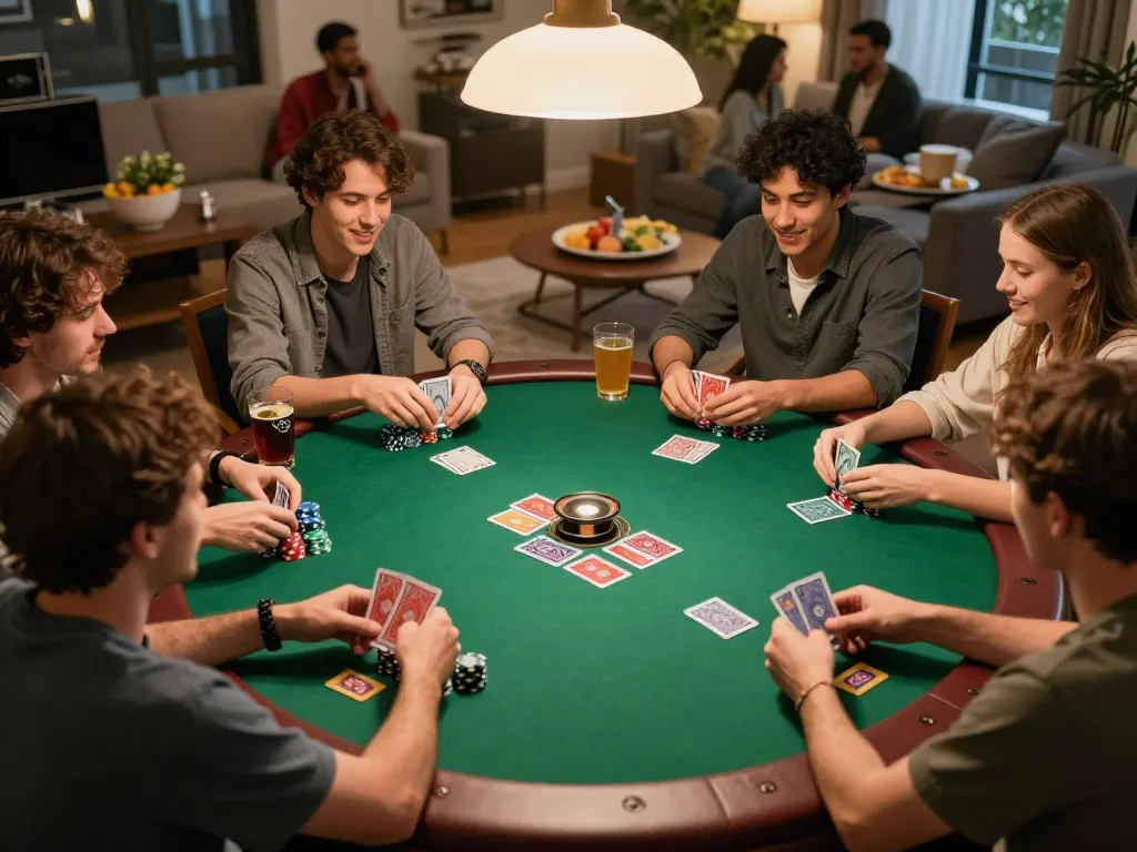 Players enjoying a strategic poker night at home, capturing the excitement of sunwin gameplay.