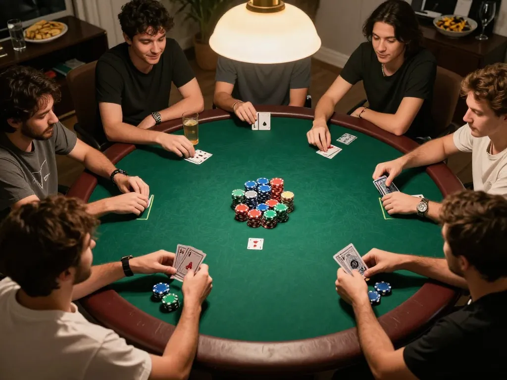 Players engage in a thrilling GG88 poker game at home, surrounded by snacks and drinks.