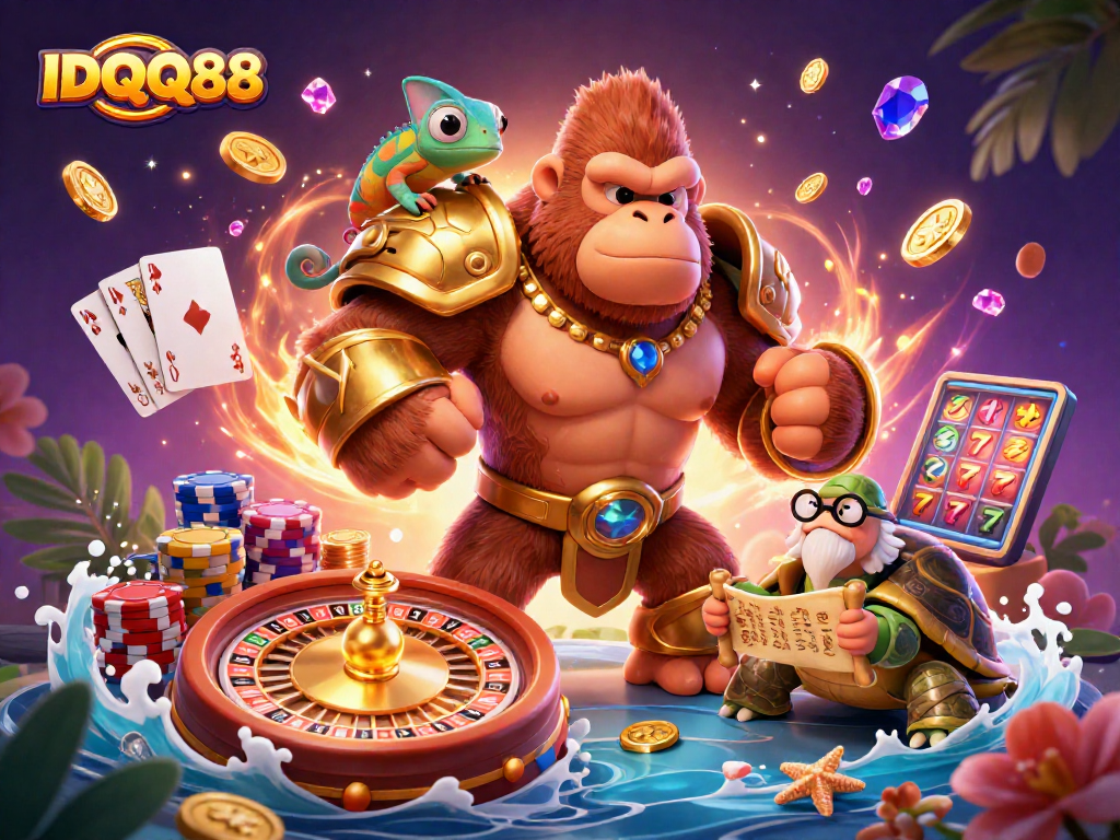 IDQQ88 engages players in an exciting casino adventure with 3D cartoon gorilla and vibrant gaming elements.