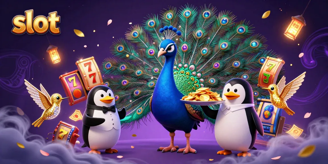Spin to win with slot-themed 3D characters and vibrant casino elements blanketing the illustration.