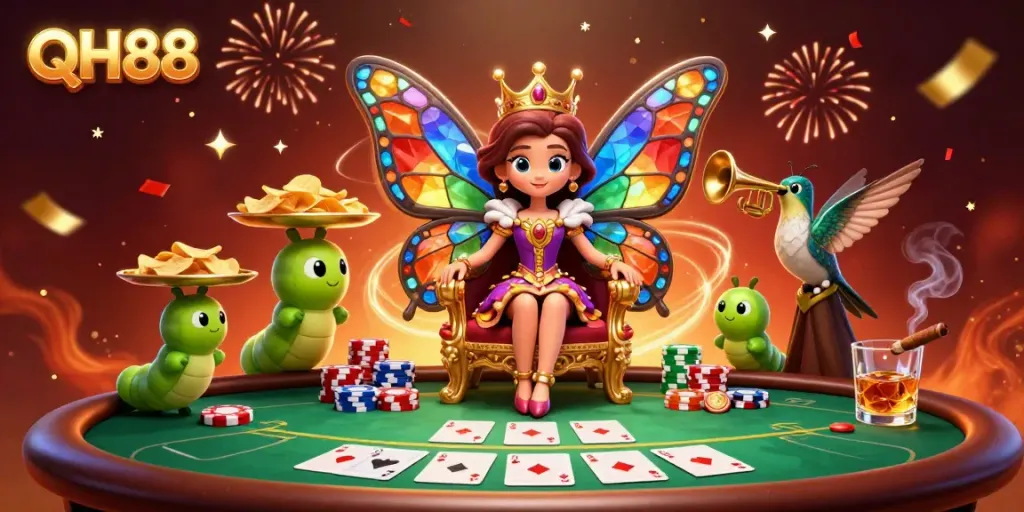 Bet big with QH88 at a vibrant casino, featuring a butterfly queen and lively gaming elements.