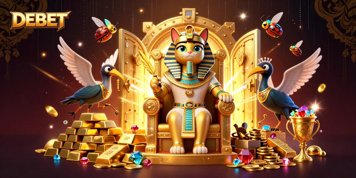 Engage with DEBET as the pharaoh cat spins golden treasures and gems in an enchanting casino realm.