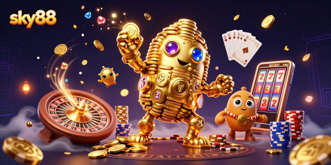 Experience thrilling wins at sky88 with an ancient golden golem surrounded by dynamic casino elements.