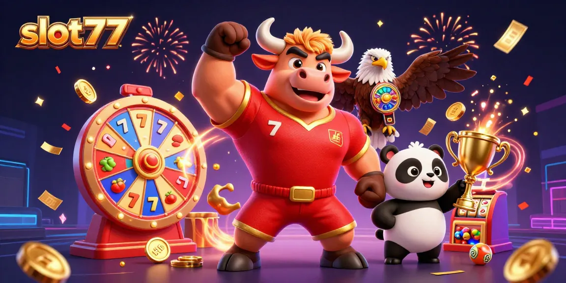 Engage in slot777 excitement with a victorious bull, eagle, and panda surrounded by vibrant casino elements.