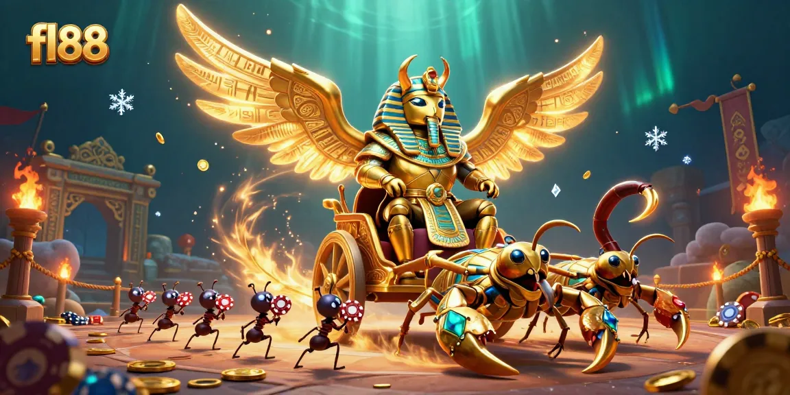 Engage in exhilarating gameplay at fl88's vibrant casino featuring a golden scarab and scorpions.