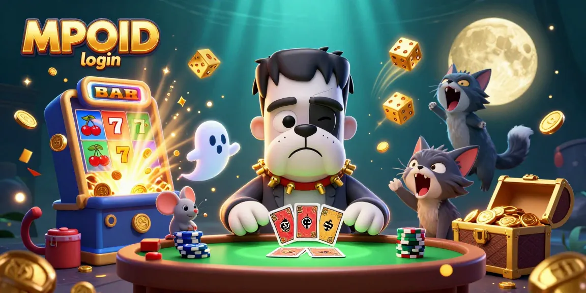 Engage in MPOID login with a thrilling scene of a Frankenstein bulldog dealing cards amidst a vibrant casino atmosphere.