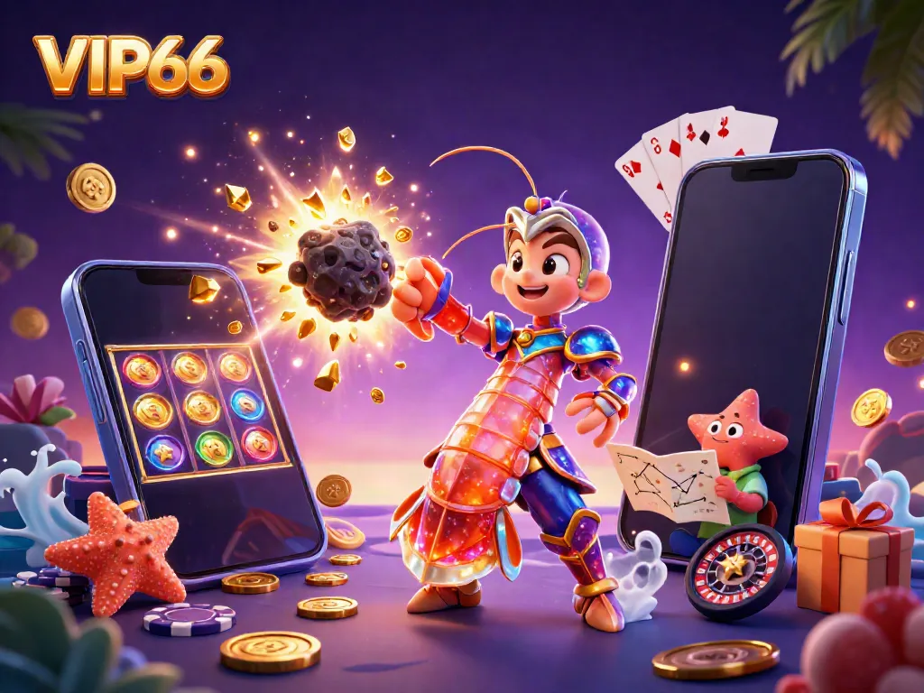 Experience the excitement of VIP66 with a vibrant 3D casino adventure featuring coins, games, and star elements.