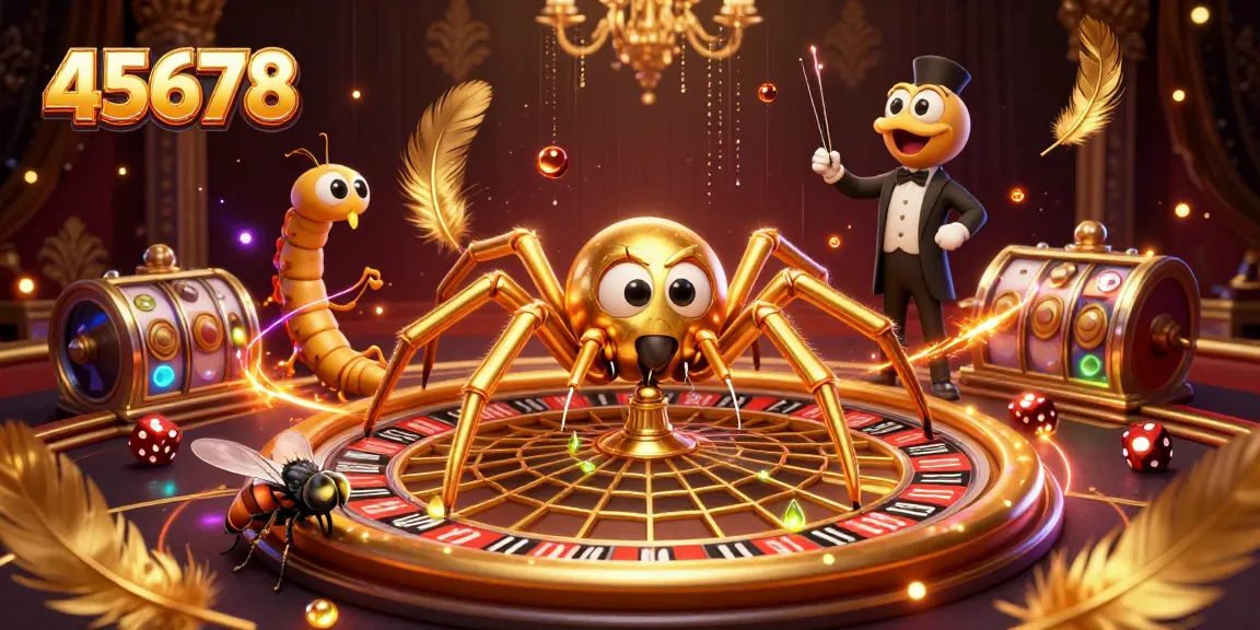 Experience thrilling bets at 45678 casino with a golden spider and vibrant roulette wheel in a colorful scene.