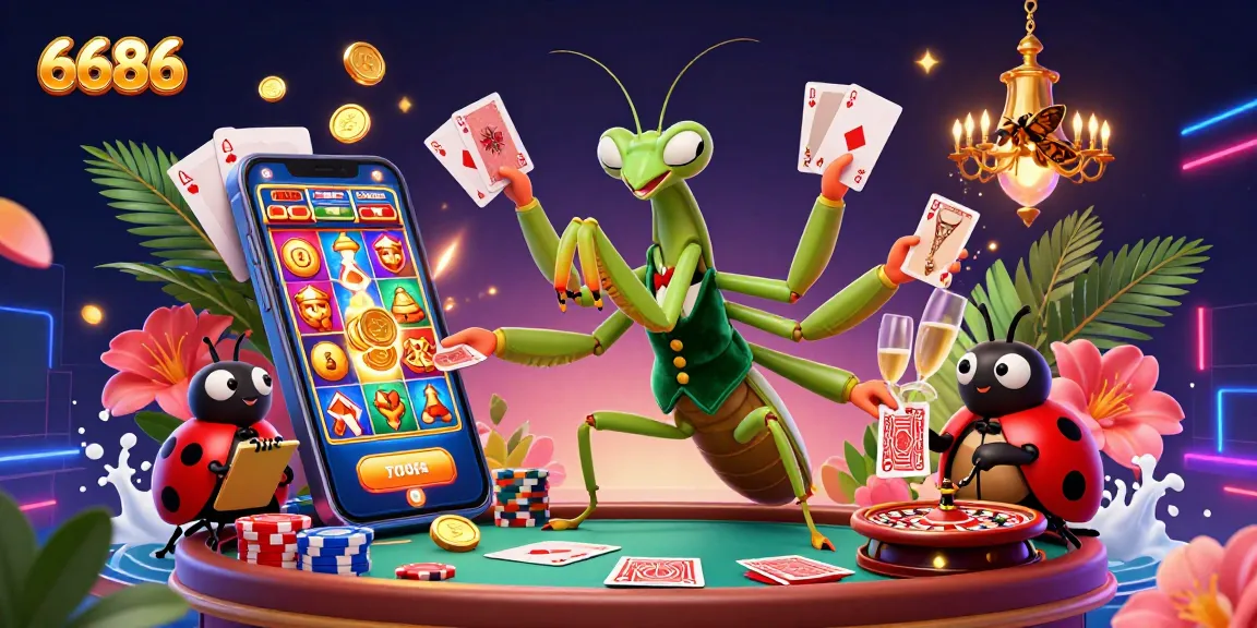 Engage with 6686 in a vibrant casino scene with 3D characters and exciting gaming elements.