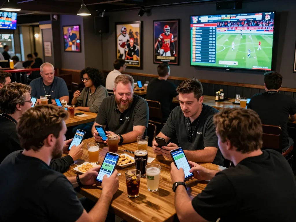 Engaged bettors analyzing kèo nhà cái odds in a lively sports bar atmosphere