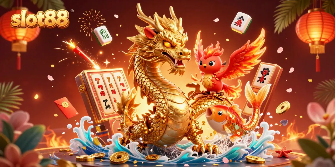 Experience thrilling gameplay in slot88 with a dynamic scene featuring a dragon and phoenix amidst coins and slot reels.