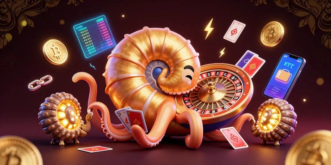 Experience thrilling gameplay with MASKOKI889 as the nautilus spins a roulette wheel amidst glowing crypto coins.