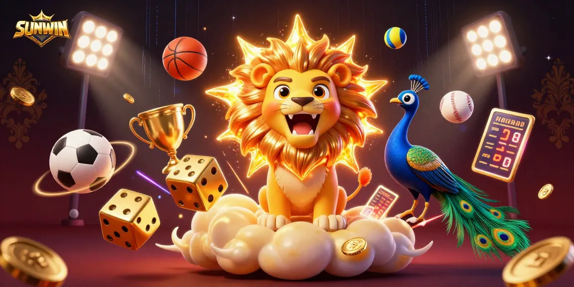SUNWIN's vibrant 3D sports-themed illustration showcases a sun lion and golden dice amidst dynamic action.